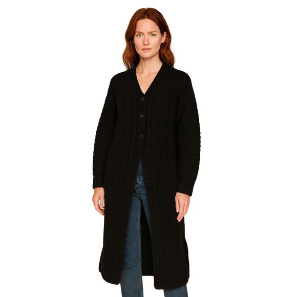 Donegal Knitters 100% Wool Black Cable Knit Made in Ireland Long Duster Sweater - Picture 1 of 8